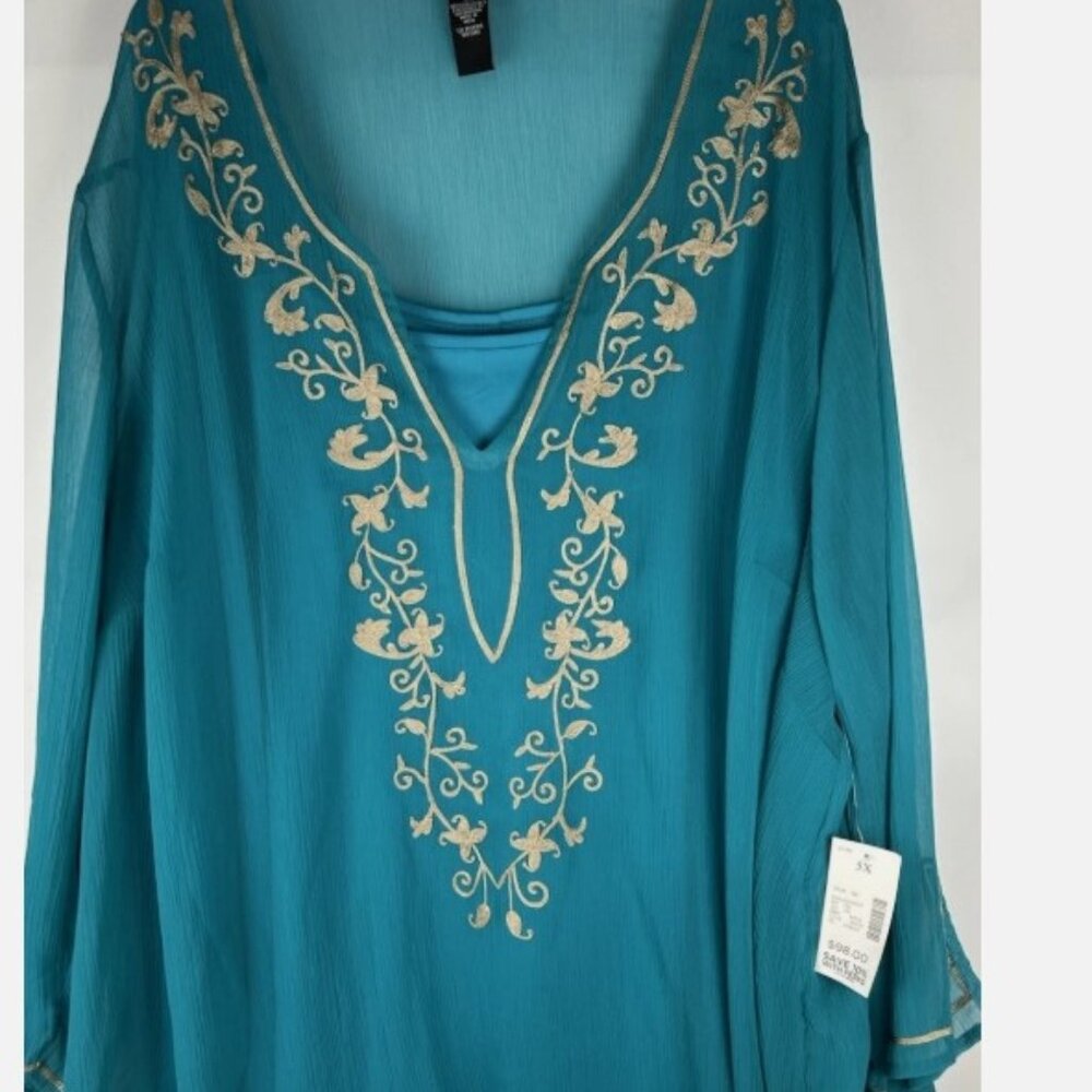 NWT Catherines Turquoise Gauzy Embroidered Top Sz 5X Sheer Attached Tank